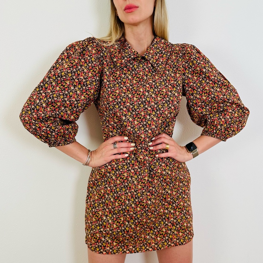 Free People Making Plans Floral Boho Point Colar Mini Dress - Picture 2 of 14
